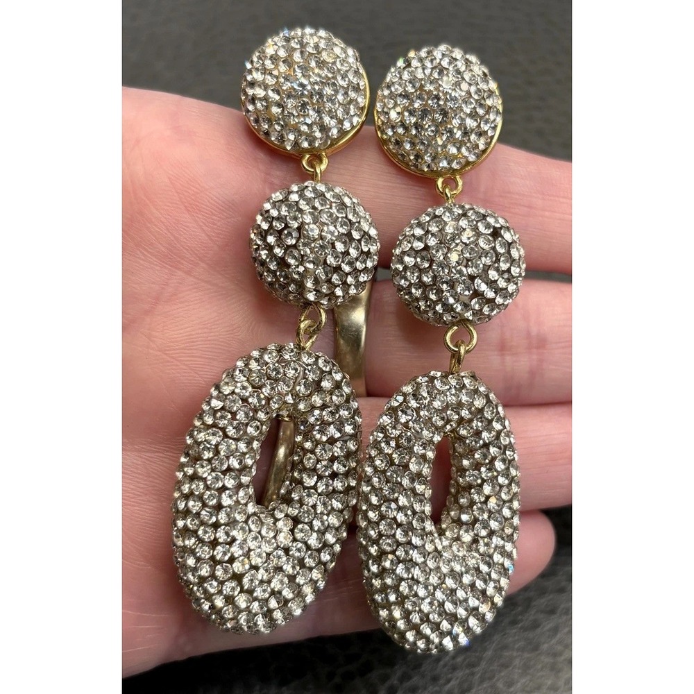 J. Crew Huge Statement Pave Rhinestone Tiered Dangle Pierced Earrings Gold Tone